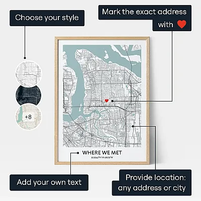 Where We Met map print with labels for style, location marker and custom text