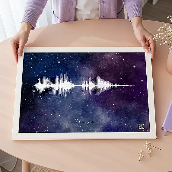 voice recording soundwave wall art with galaxy background and I love you message on framed print