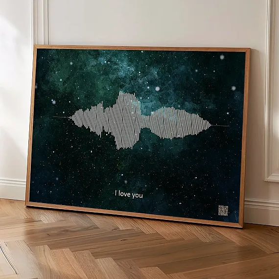 large voice recording soundwave wall art with galaxy background leaning against wall