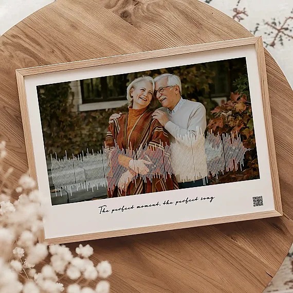 soundwave art photo print with waveform overlay of a couple in autumn setting