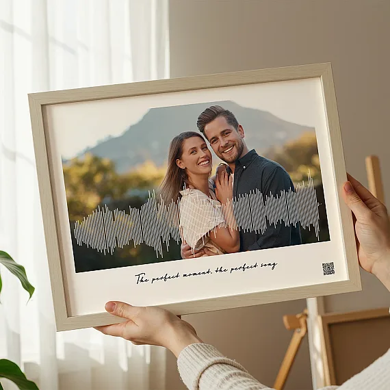 personalized soundwave art print with couple photo and waveform design in bright interior