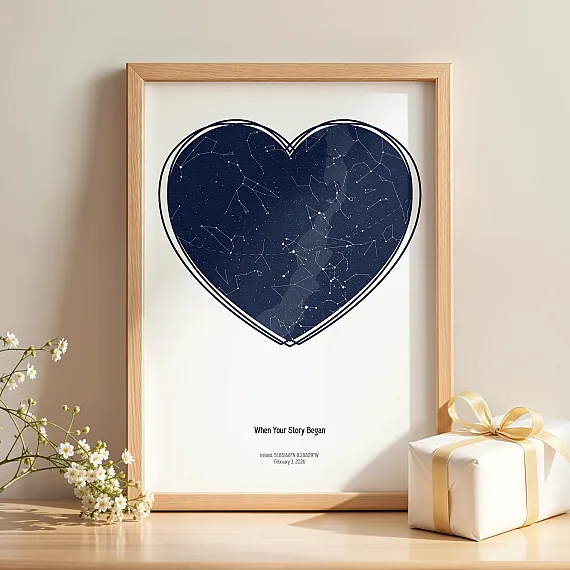 Heart-shaped Birthday Star Map print in wooden frame beside gift box and flowers.