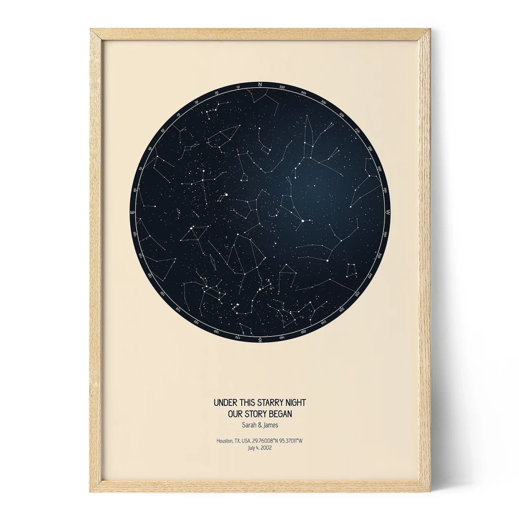 Framed custom star map print with a dark circular night sky, constellations and personal message