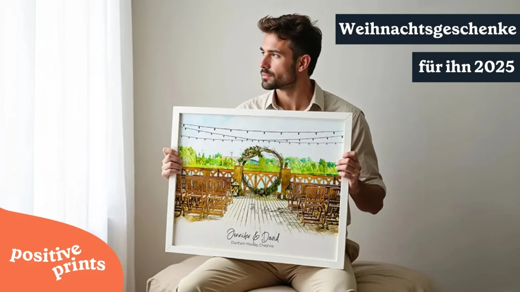 Personalisierte Weihnachtsgeschenke für ihn featured image Mann mit Aquarell Ortsbild Jennifer David Positive Prints Logo Guide